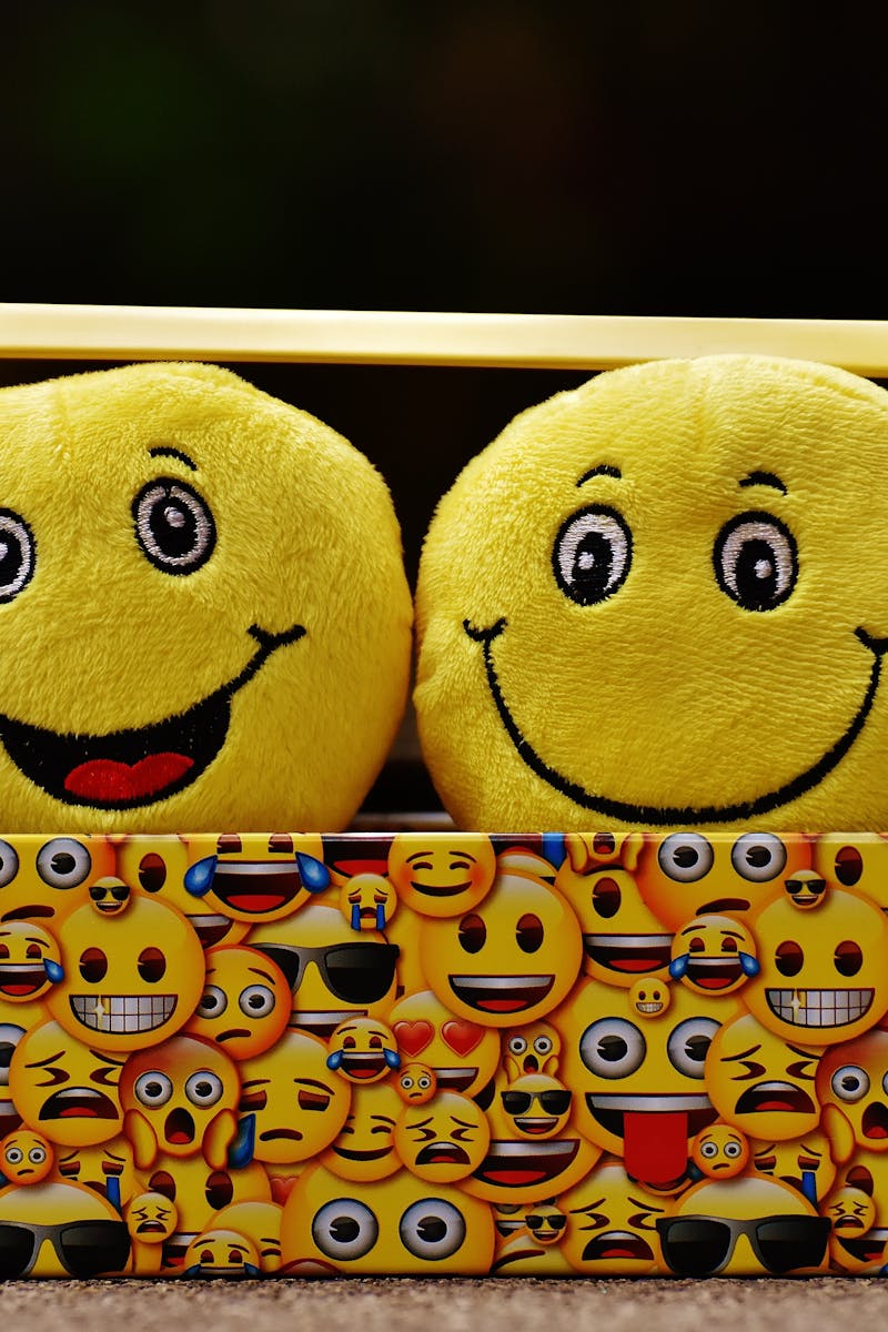 Two yellow smiley plush toys in an emoji-themed box, expressing fun and happiness.